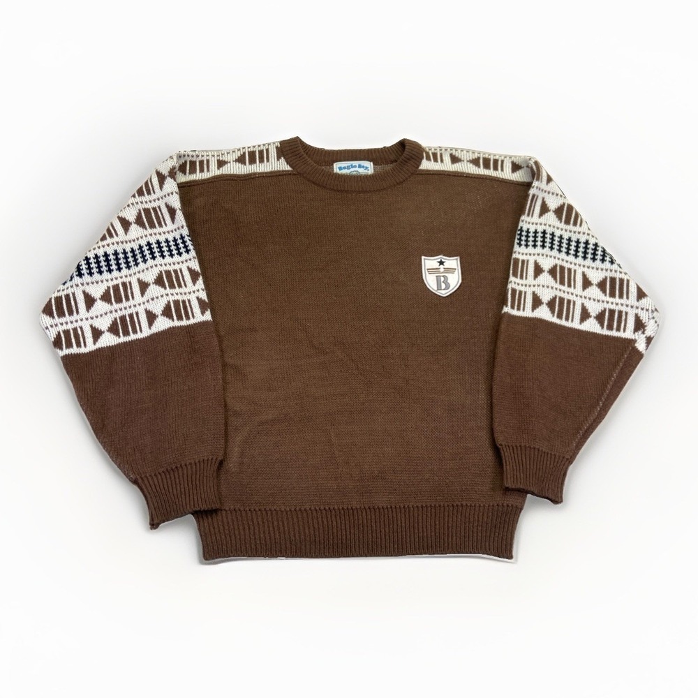 Vintage Bugle Boy Sweater Mens L Brown Knit Acrylic 90s 80s Southwestern